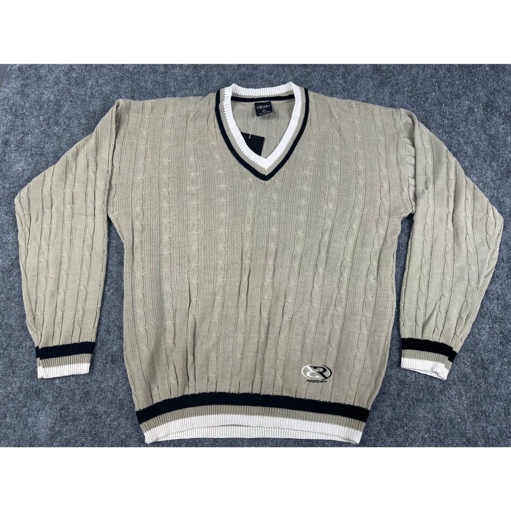 VTG Y2K‎ ROOKY Mens Tan Cable Knit V Neck Sweater XL Golf Sportswear NEW - Picture 4 of 8